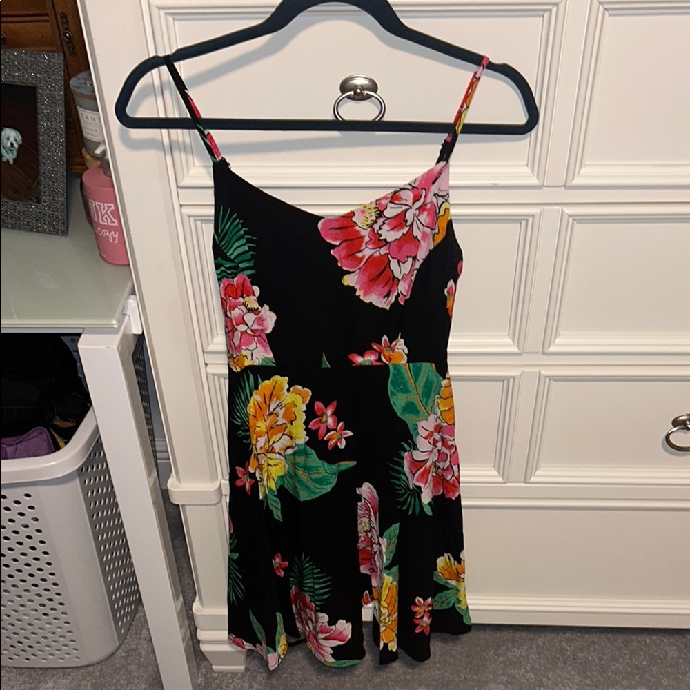 Floral Black Dress with Pink and Yellow Accents